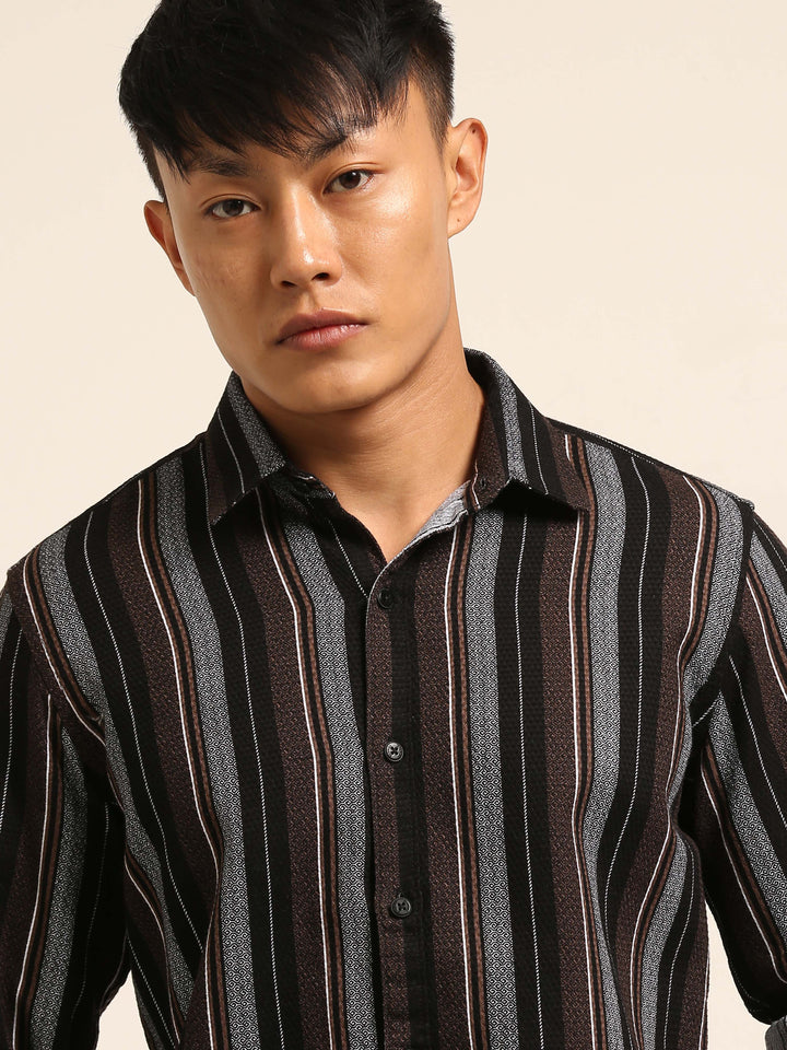 Black Regular Fit Striped Shirt Stripes Shirt Bushirt