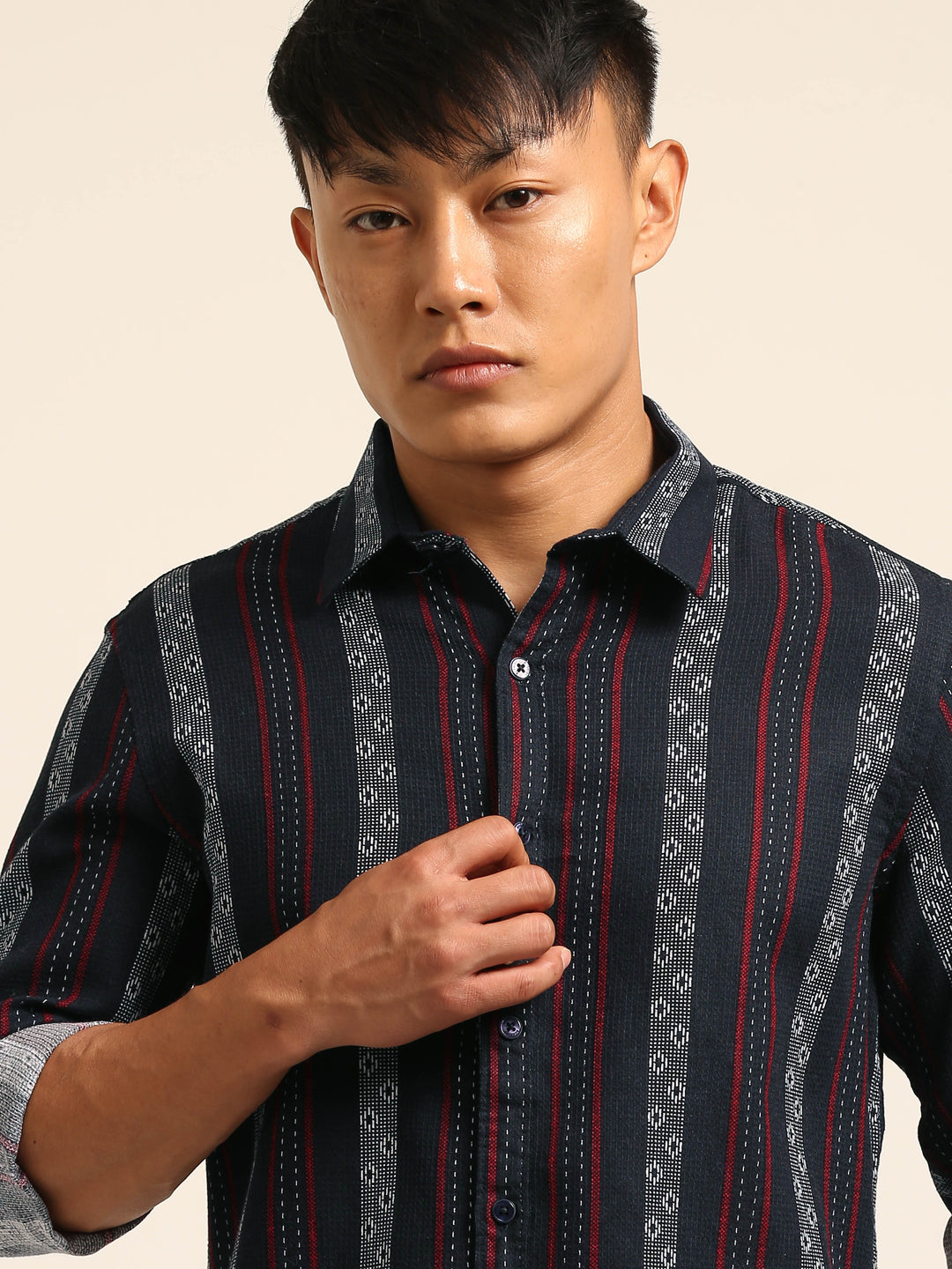 Dark Blue Regular Fit Striped Shirt Stripes Shirt Bushirt