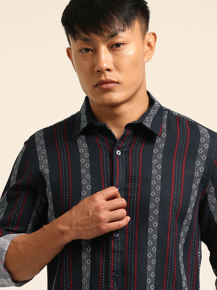 Dark Blue Regular Fit Striped Shirt Stripes Shirt Bushirt