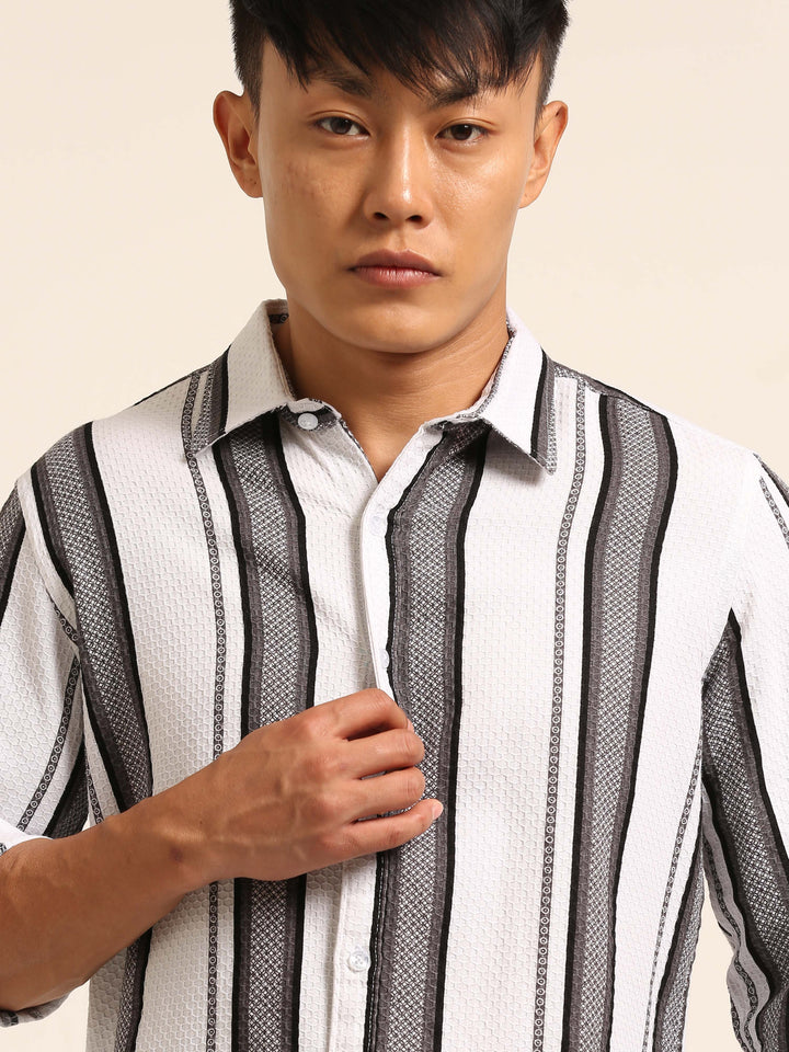 White Regular Fit Striped Shirt Stripes Shirt Bushirt