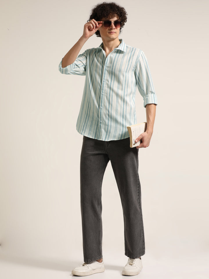 Light Blue Regular Fit Striped Shirt Stripes Shirt Bushirt