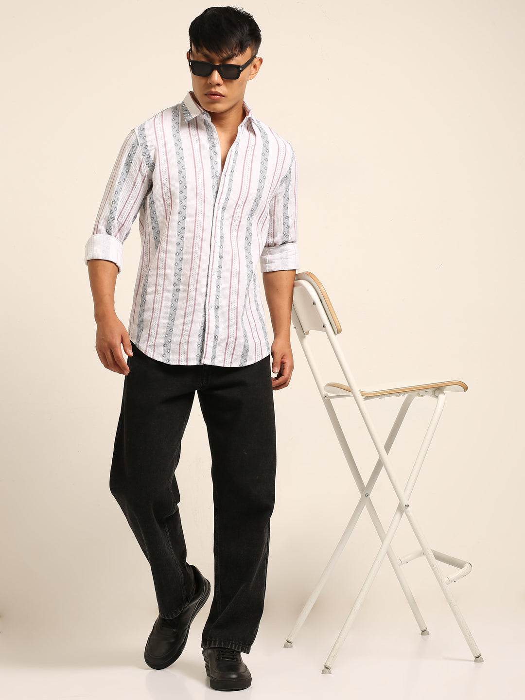 White Regular Fit Striped Shirt Stripes Shirt Bushirt