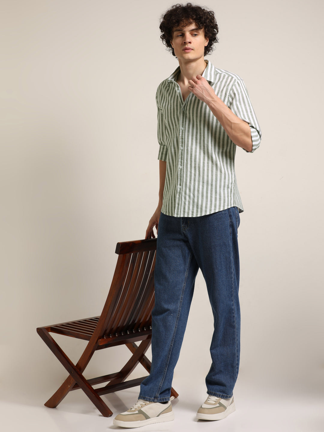 Light Green Regular Fit Striped Shirt Stripes Shirt Bushirt