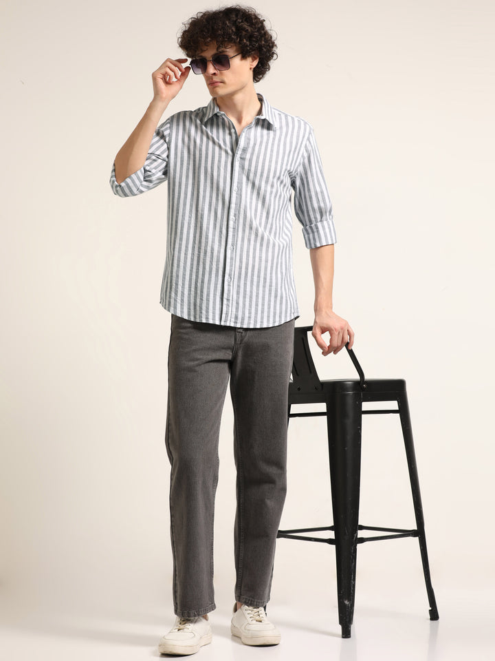 Light Grey Regular Fit Striped Shirt Stripes Shirt Bushirt