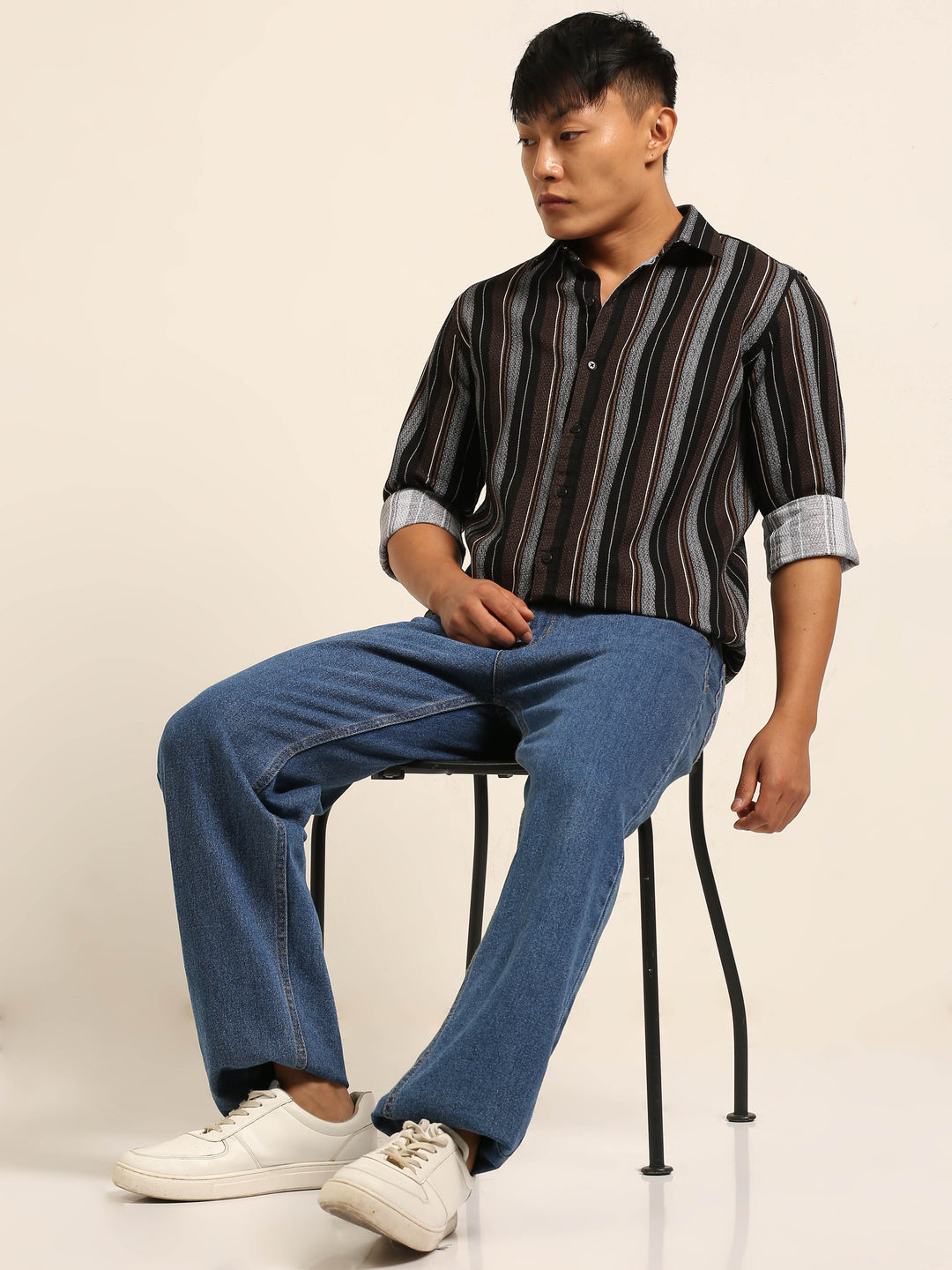 Black Regular Fit Striped Shirt Stripes Shirt Bushirt