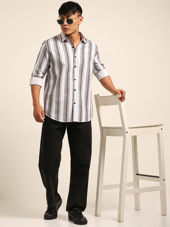 White Regular Fit Striped Shirt Stripes Shirt Bushirt