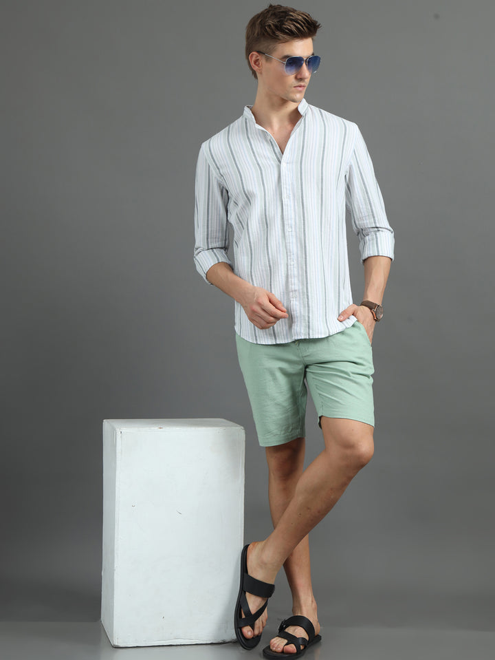 Green Chinese Collar Strips Shirt Stripes Shirt Bushirt   