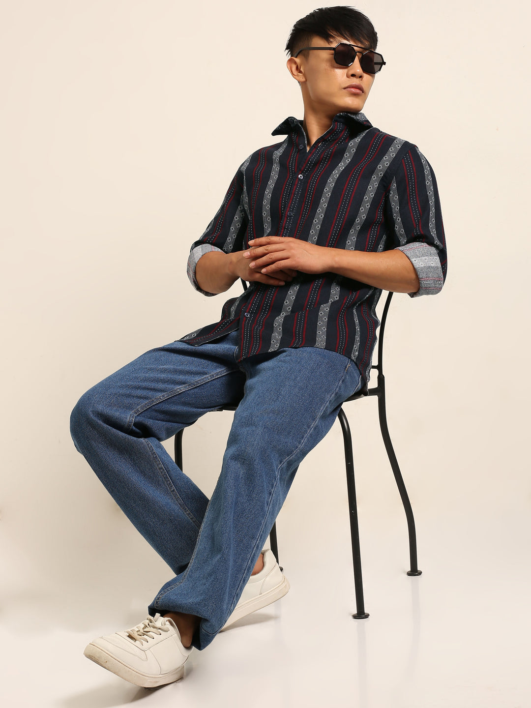 Dark Blue Regular Fit Striped Shirt Stripes Shirt Bushirt