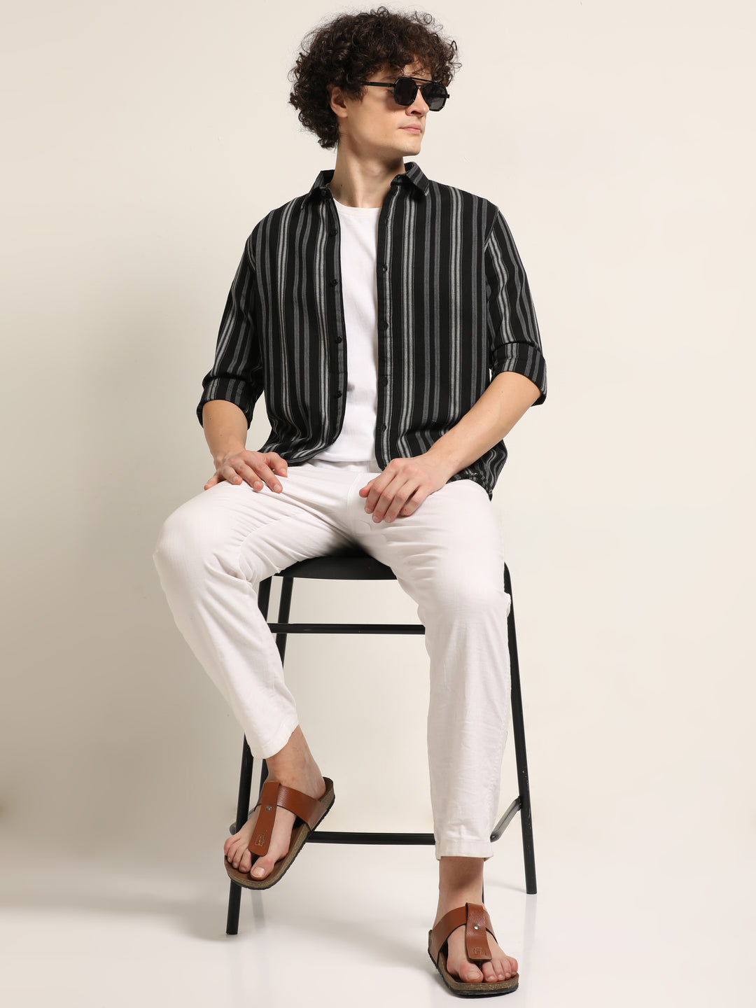 Black Regular Fit Striped Shirt Stripes Shirt Bushirt