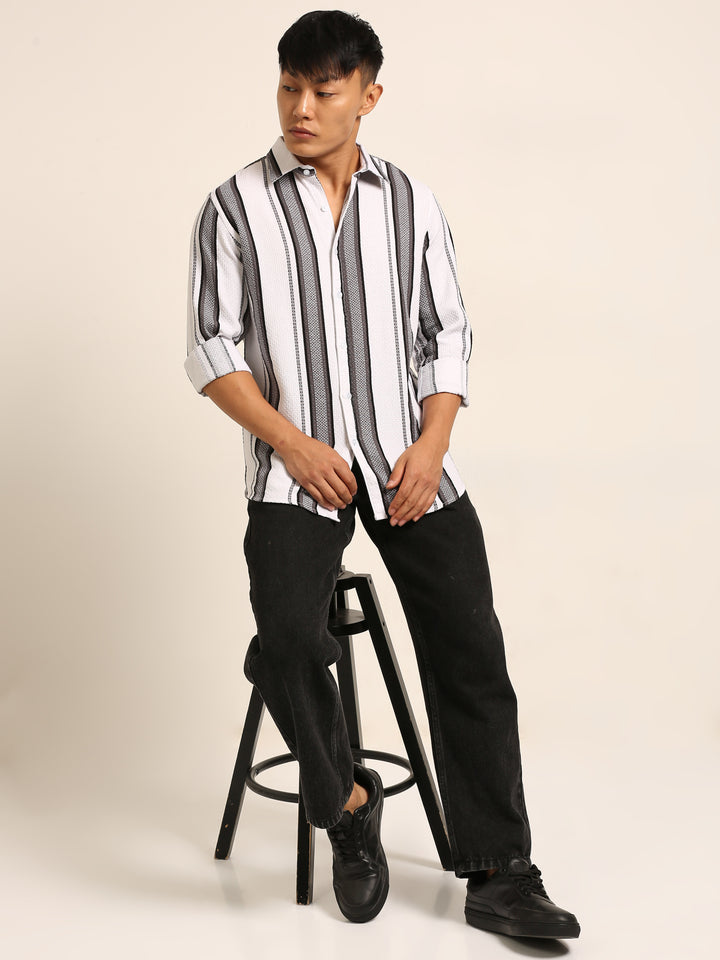 White Regular Fit Striped Shirt Stripes Shirt Bushirt