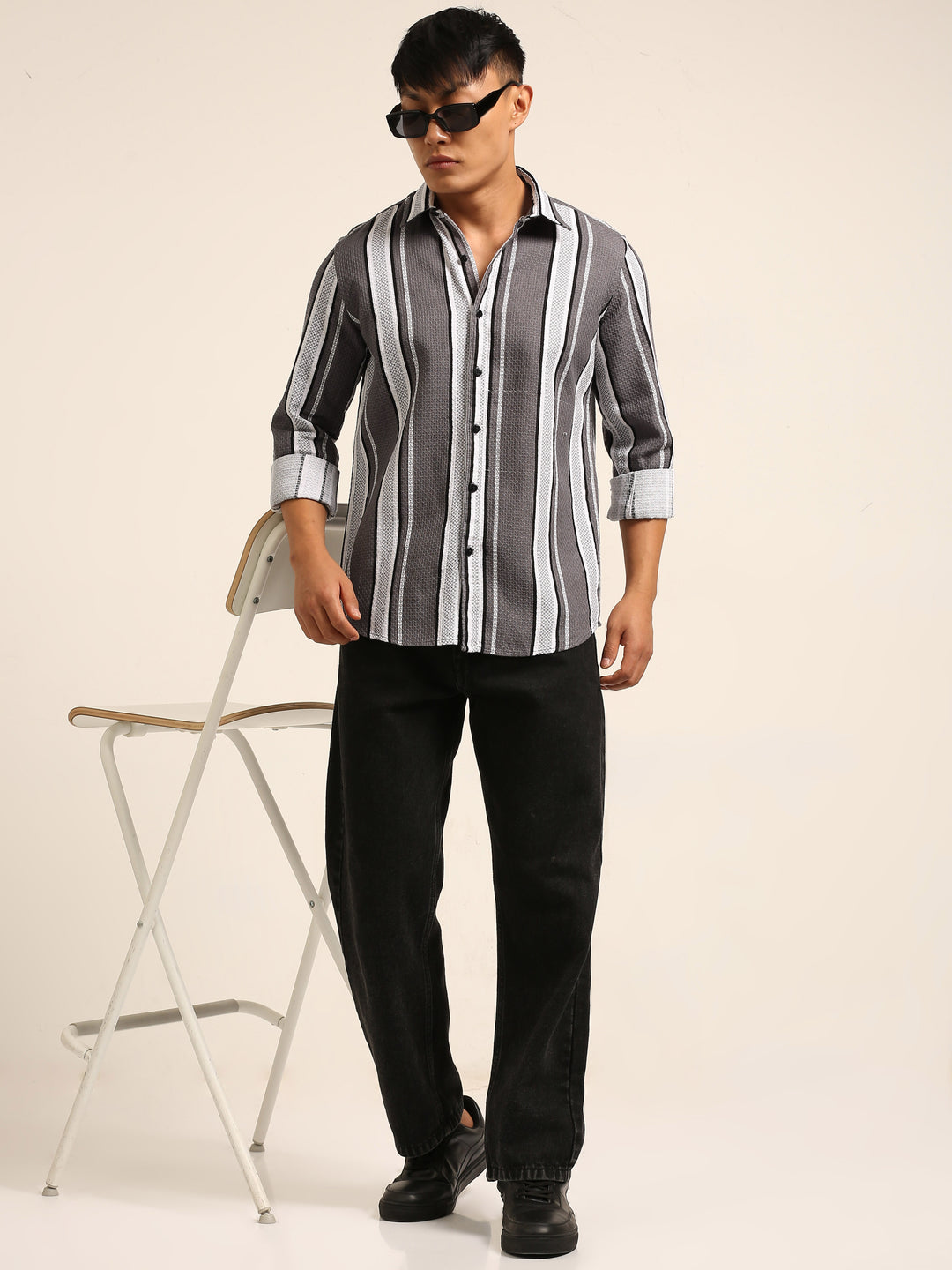 Smoke Grey Regular Fit Striped Shirt Stripes Shirt Bushirt