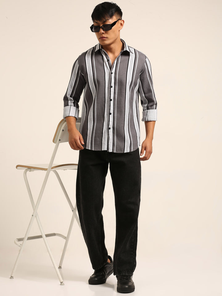 Smoke Grey Regular Fit Striped Shirt Stripes Shirt Bushirt