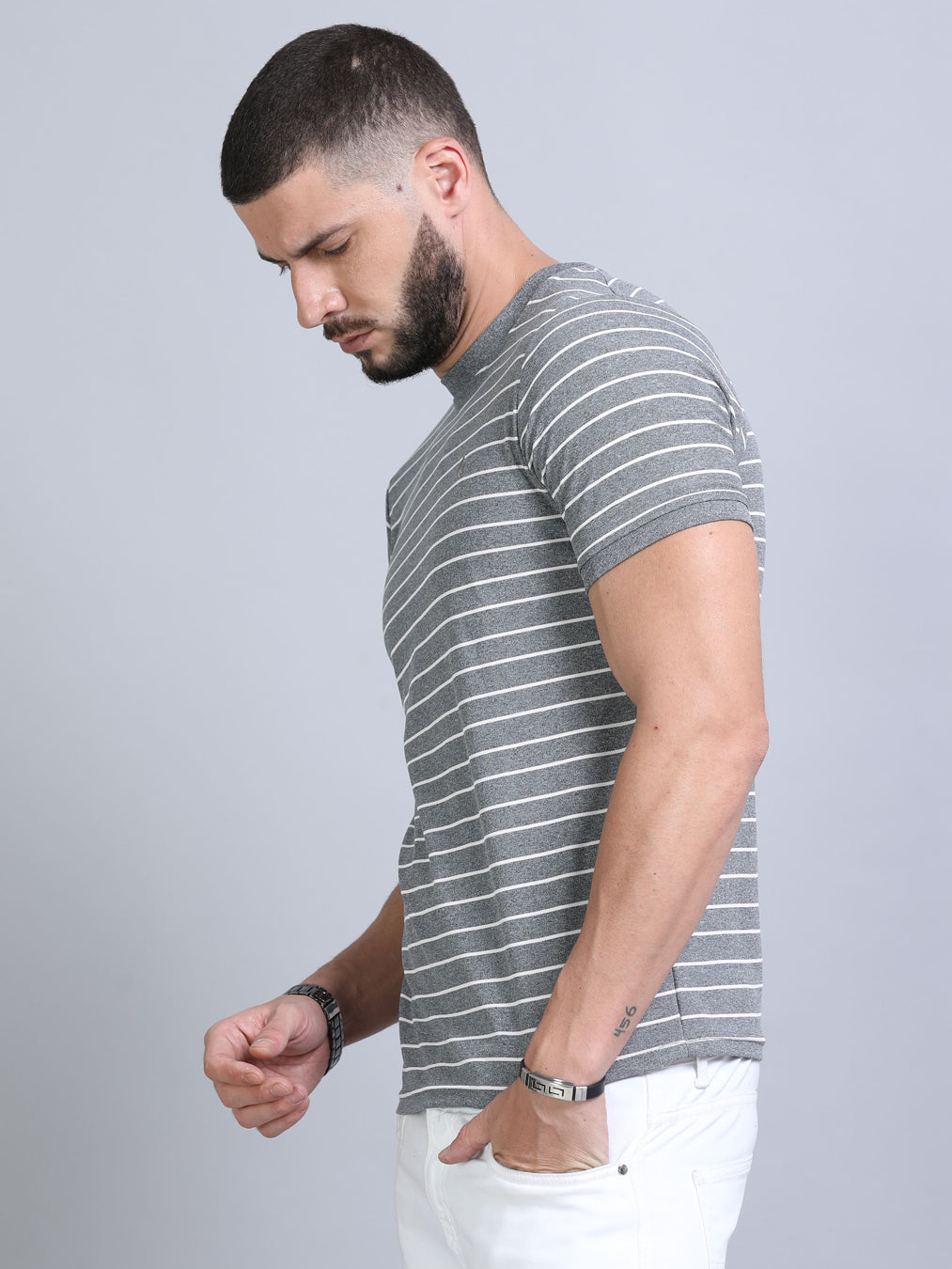 Grey Strips T-Shirt Plain T-Shirts Bushirt   