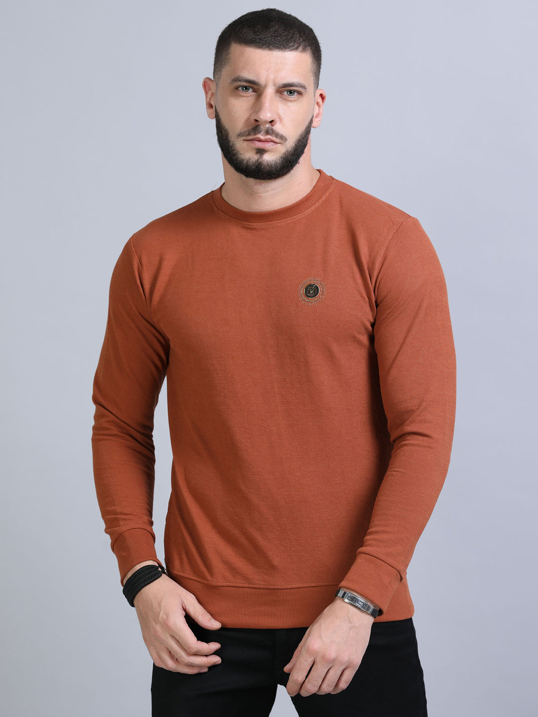 Acrylic Saddle Brown Solid Sweatshirt Sweatshirt Bushirt   