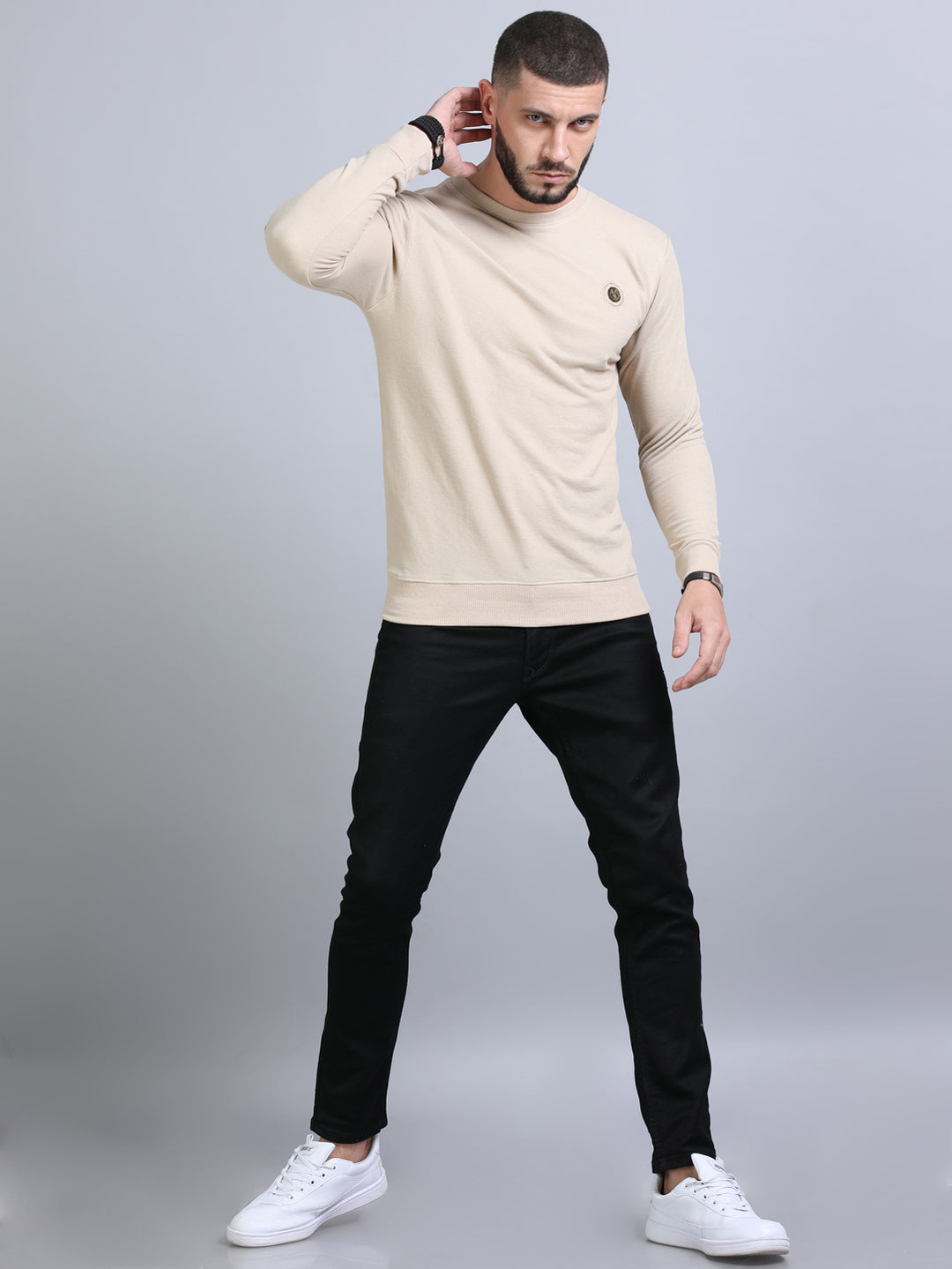 Acrylic Beige Solid Sweatshirt Sweatshirt Bushirt   