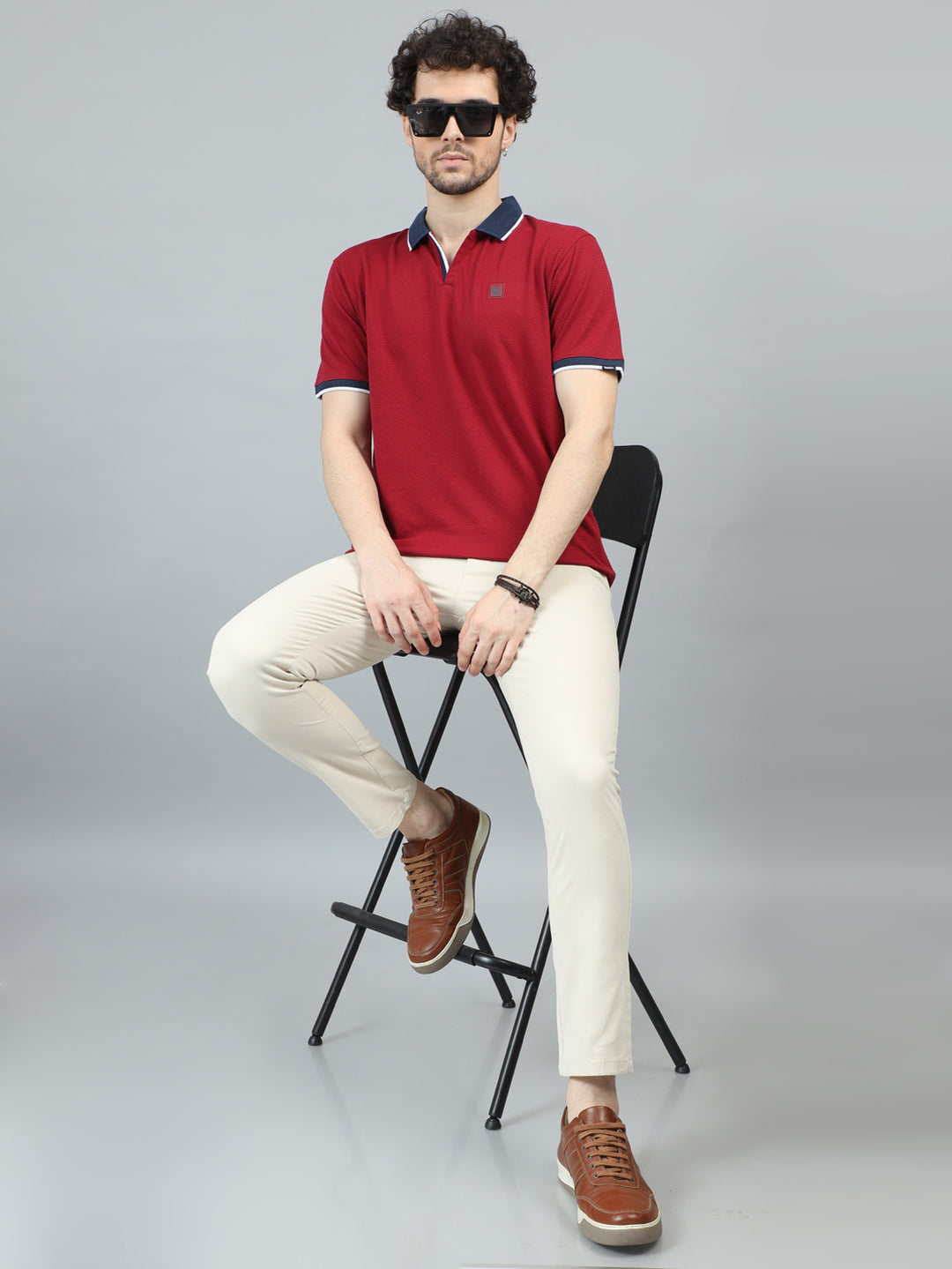 Deep Red V-Neck Polo T-Shirt Polo Tees Bushirt   