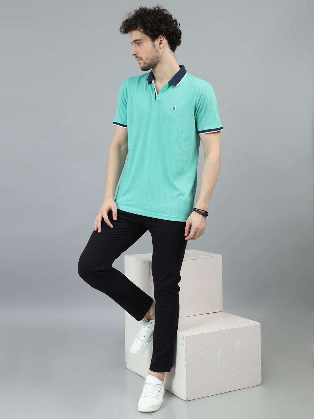 Aqua Green V-Neck Polo T-Shirt Polo Tees Bushirt   