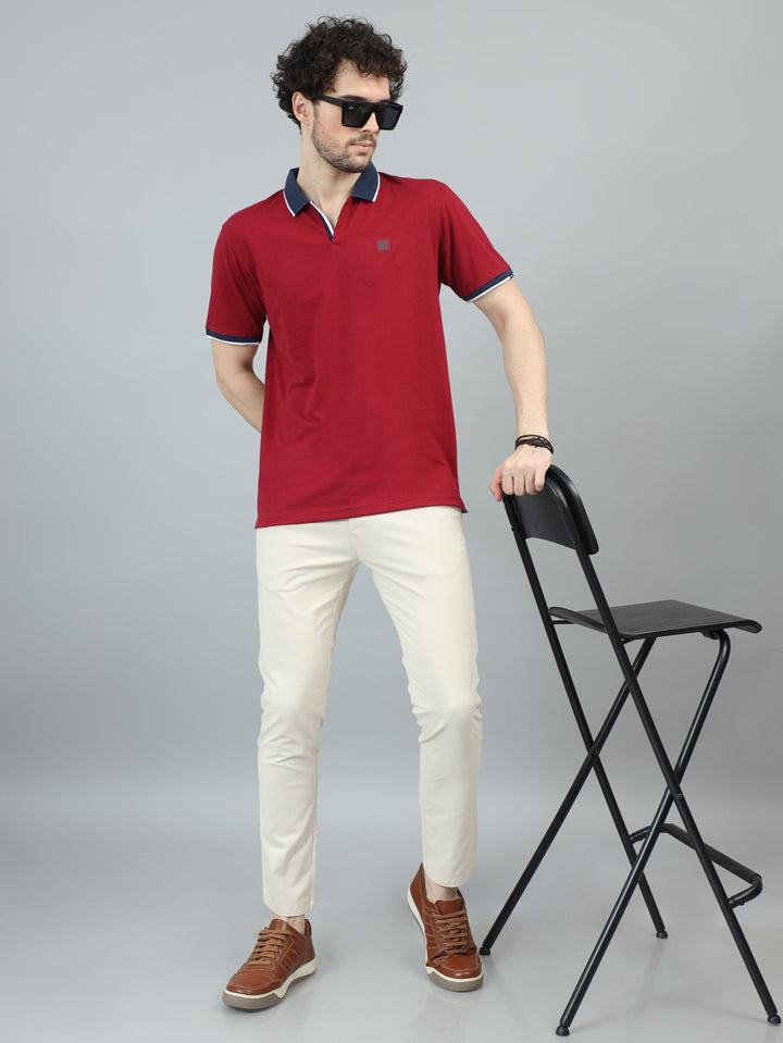 Deep Red V-Neck Polo T-Shirt Polo Tees Bushirt   