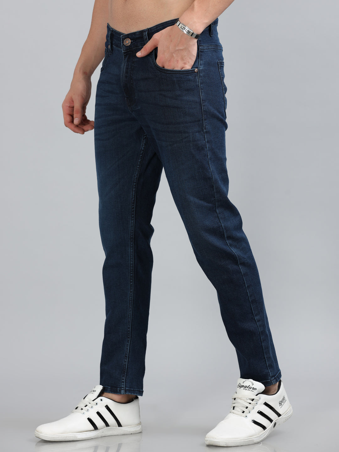 Dark Blue Solid Slim Fit Jeans Jeans Bushirt   