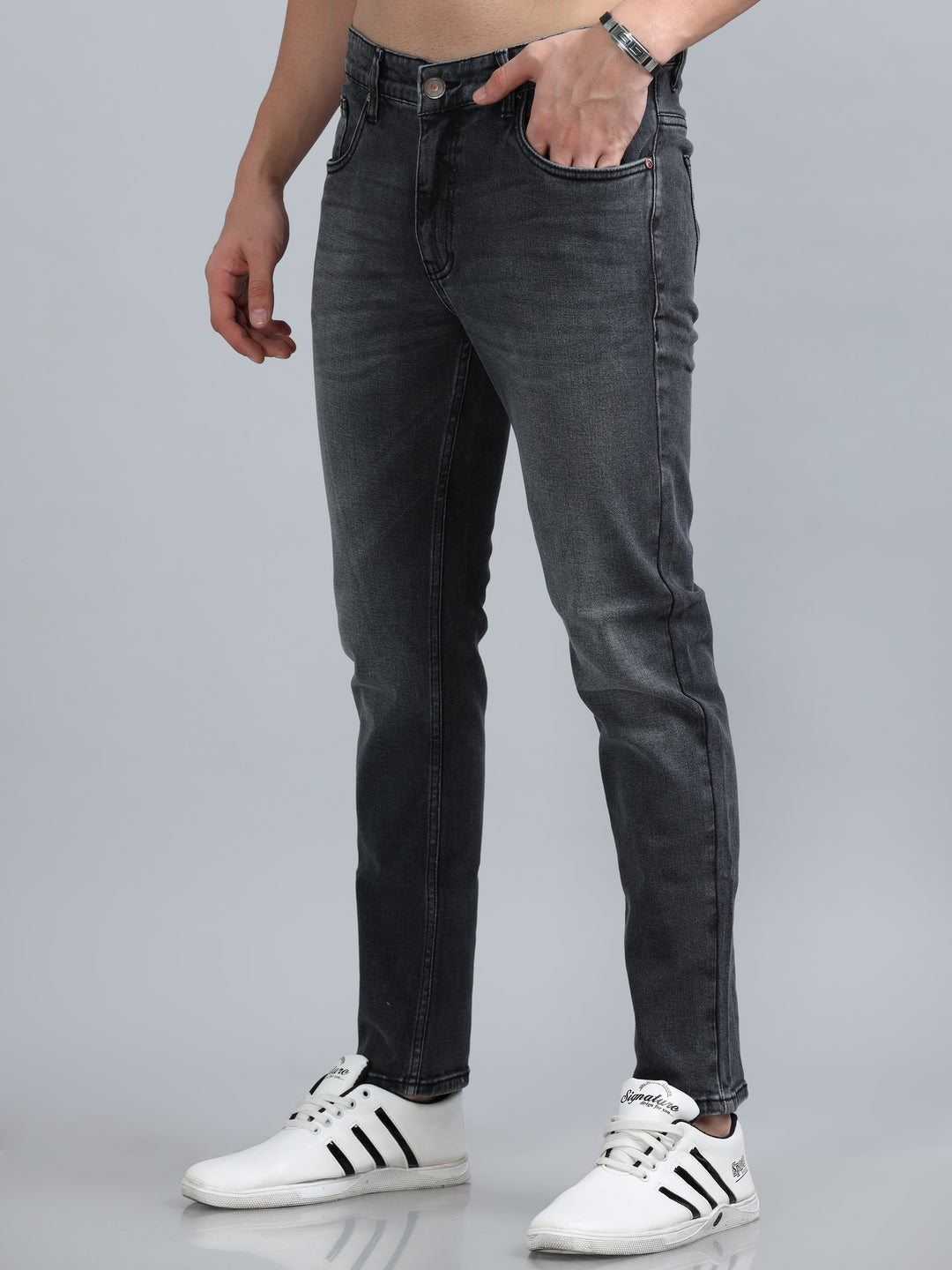 Charcoal Grey Solid Slim Fit Jeans Jeans Bushirt   