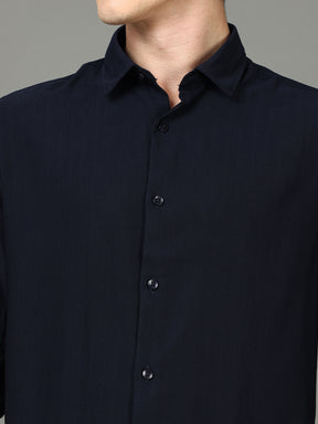 Herringbone Navy Blue Stretch Shirt Solid Shirt Bushirt   