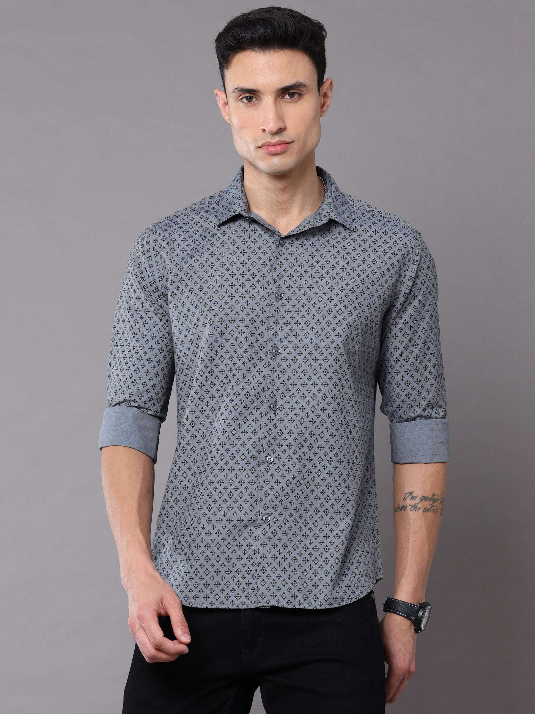 Moroccan Grey Shirt Printed Shirt Bushirt   