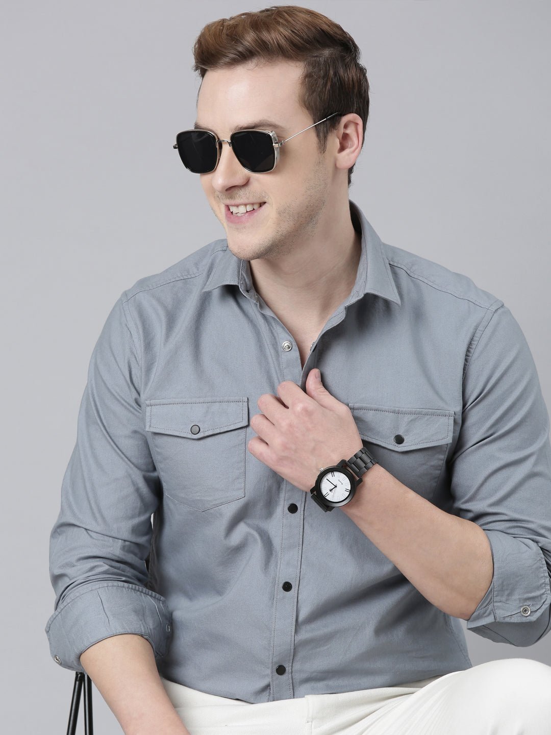 Polar Blue Cargo Shirt Solid Shirt Bushirt   