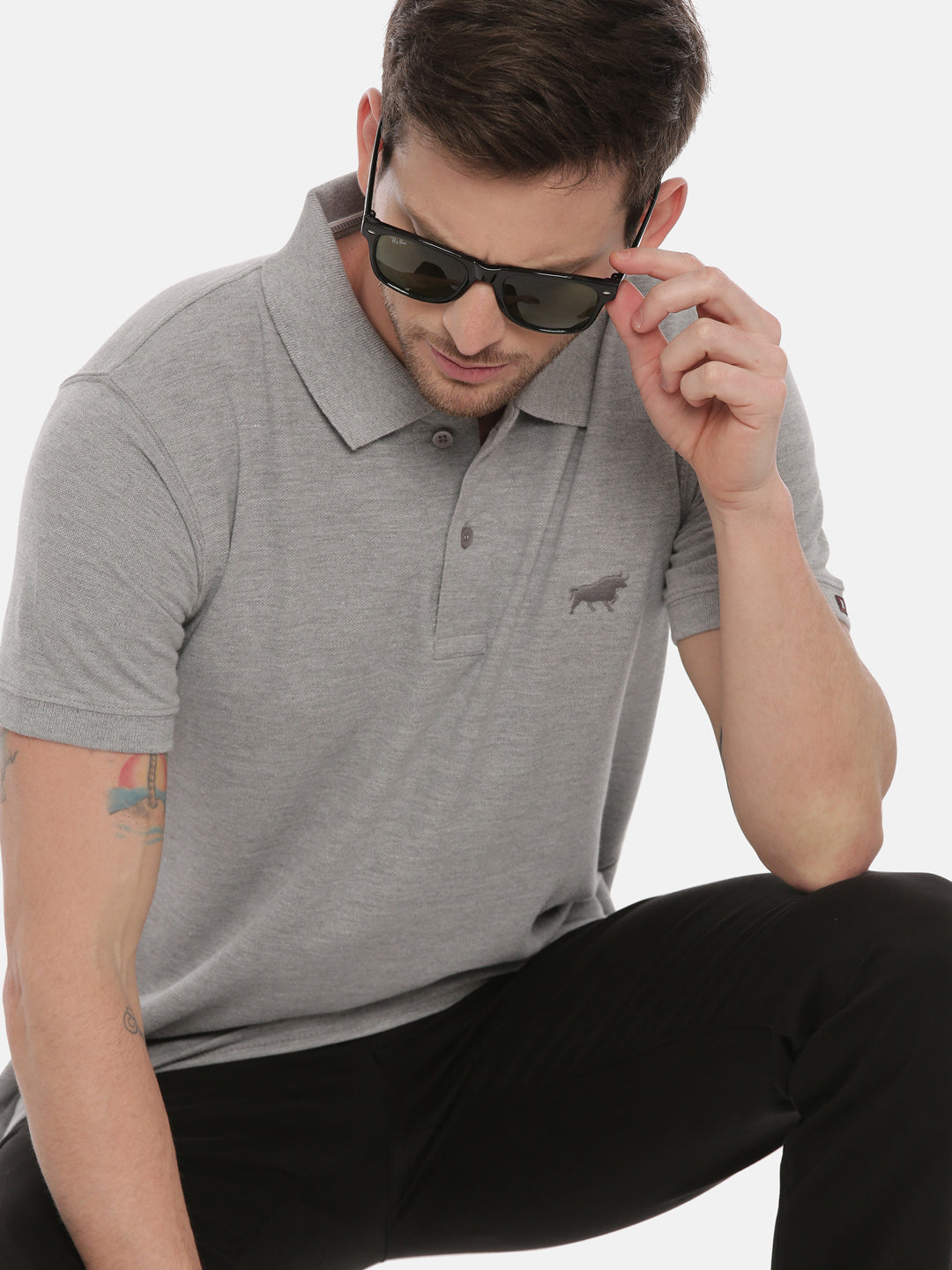 Grey Mélange Polo Neck T-Shirt Polo Tees Bushirt   