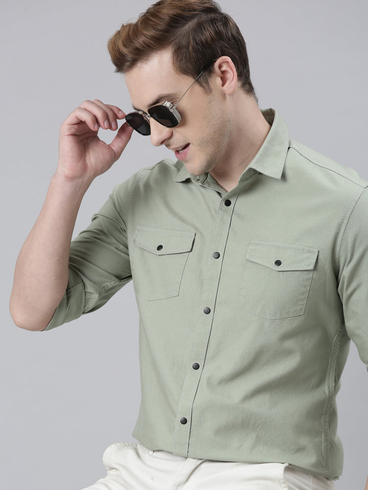 Sage Green Cargo Shirt Solid Shirt Bushirt   