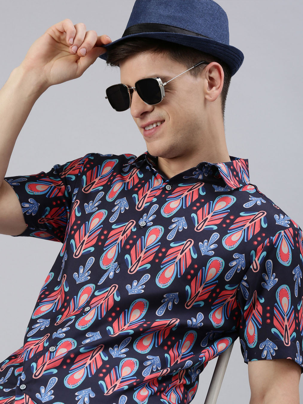 Ornamental Print Navy Blue Shirt Printed Shirt Bushirt   