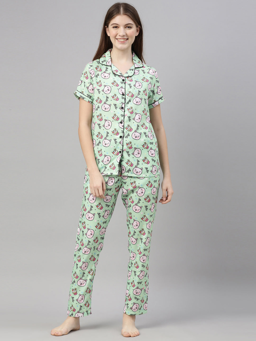 Hello Kitty Mint Green Women's Night Suits Women's Night Suit Bushirt   