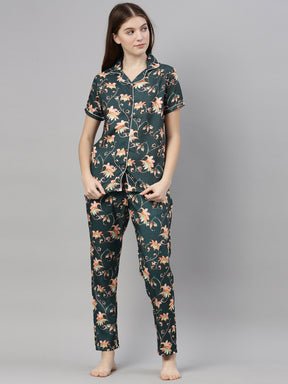 Floral Green Women's Night Suits Women's Night Suit Bushirt   