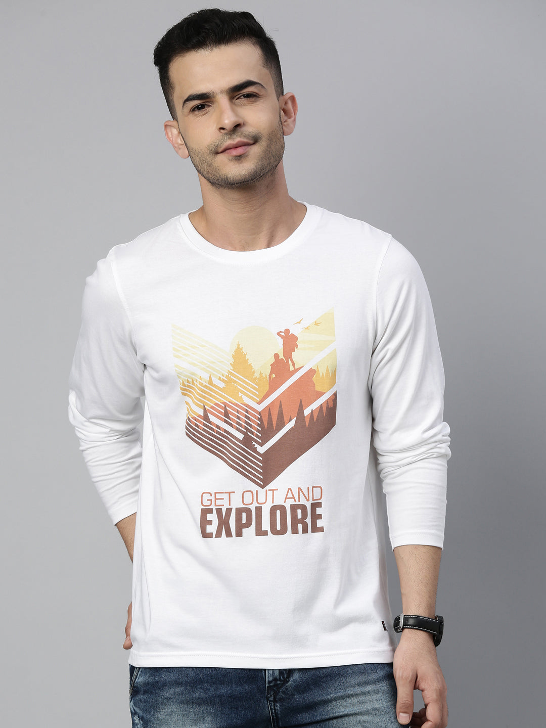 Get Out & Explore White Full Sleeves T Shirt Full Sleeves Bushirt   