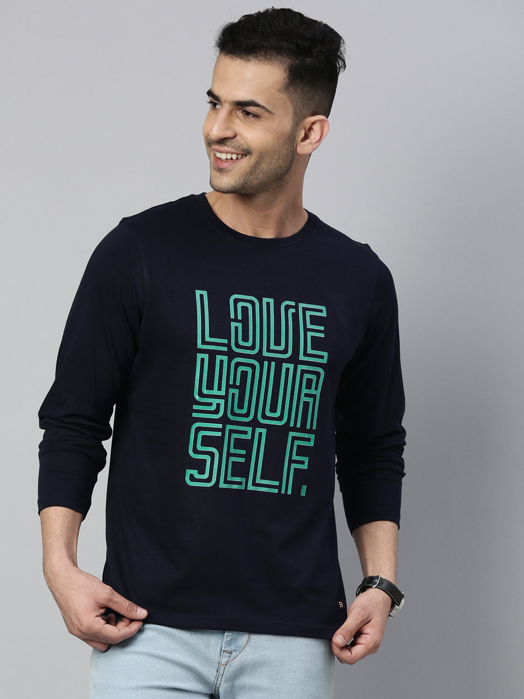 Buy Printed Navy Blue Full Sleeve T-Shirt Online India – Bushirt