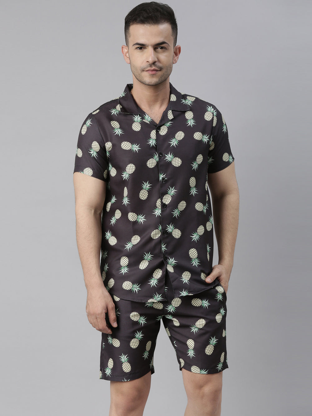 Tropical Pineapple Black Night Suits Co-Ords Bushirt   