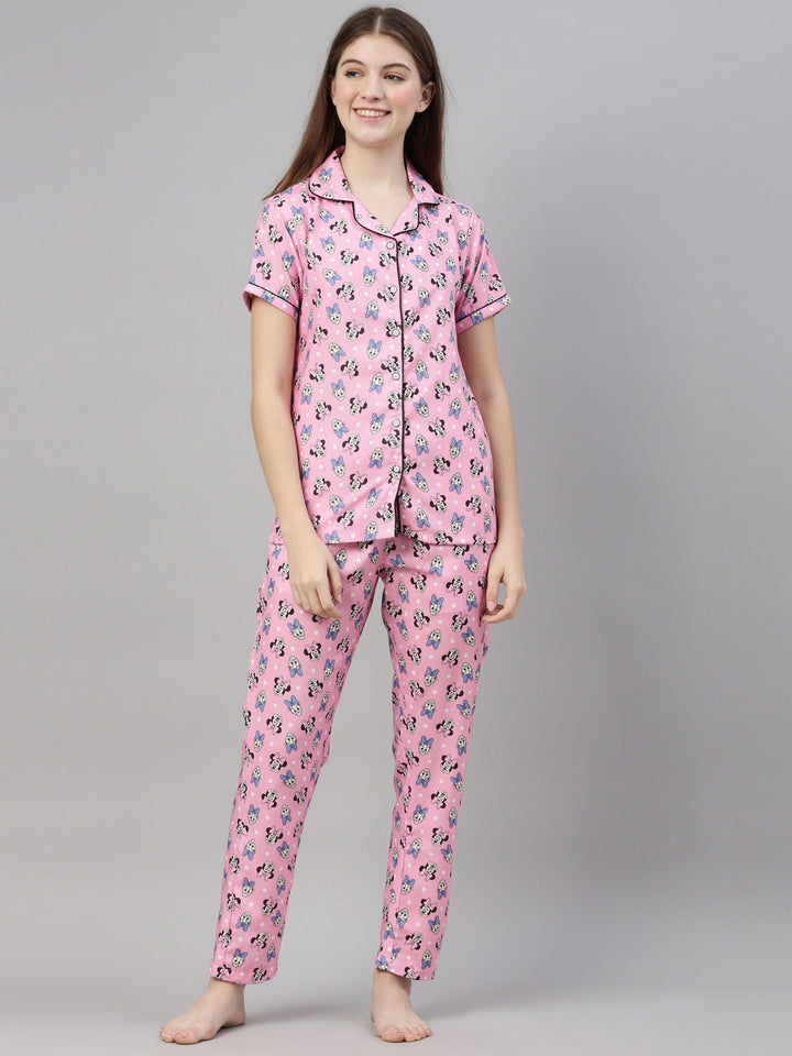 Mickey Mouse Pale Pink Women's Night Suits Women's Night Suit Bushirt   