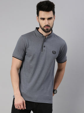 Grey Mélange Chinese Collar Polo T-Shirt Polo Tees Bushirt   