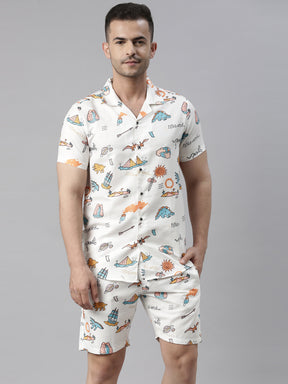 Funny Cartoon White Cream Night Suits Co-Ords Bushirt   
