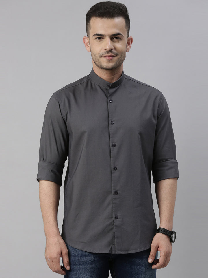 Steel Grey Chinese Collar Casual Shirt Solid Shirt Bushirt   