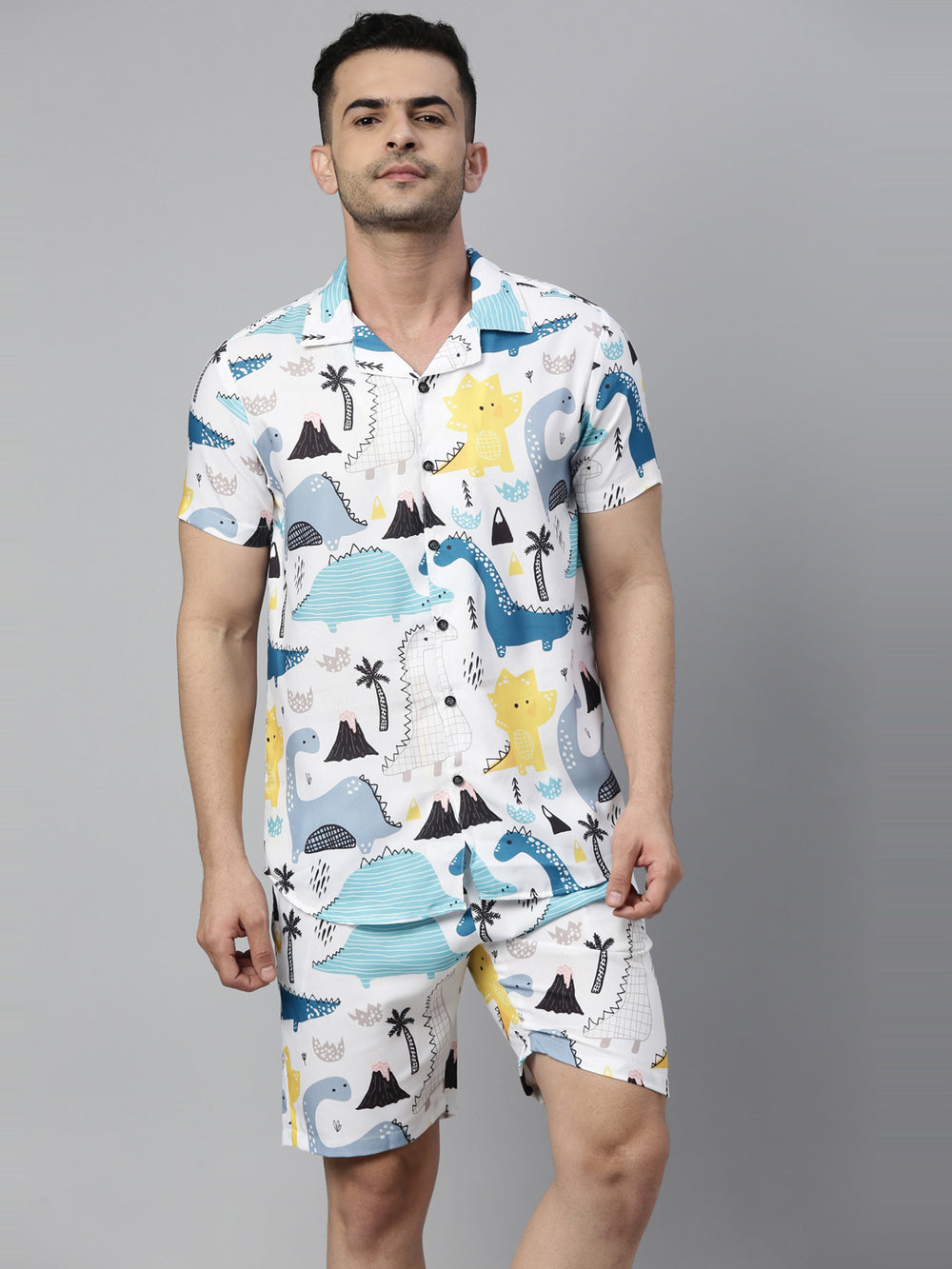 Cartoon Dino Blue White Co-Ords Co-Ords Bushirt   