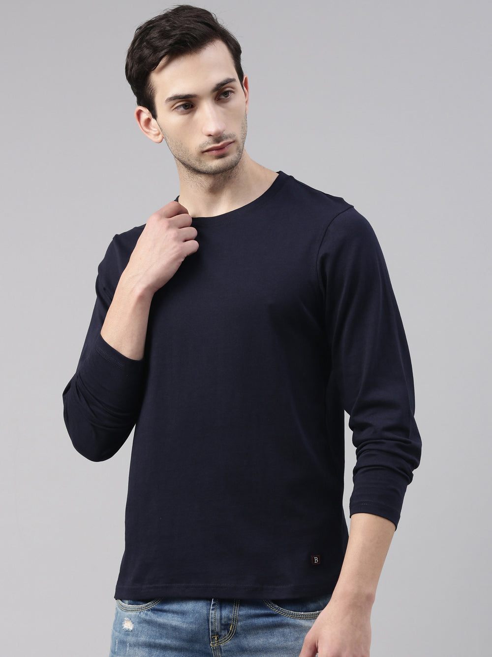 Navy Blue Solid Full Sleeves T-Shirt Full Sleeves Bushirt   