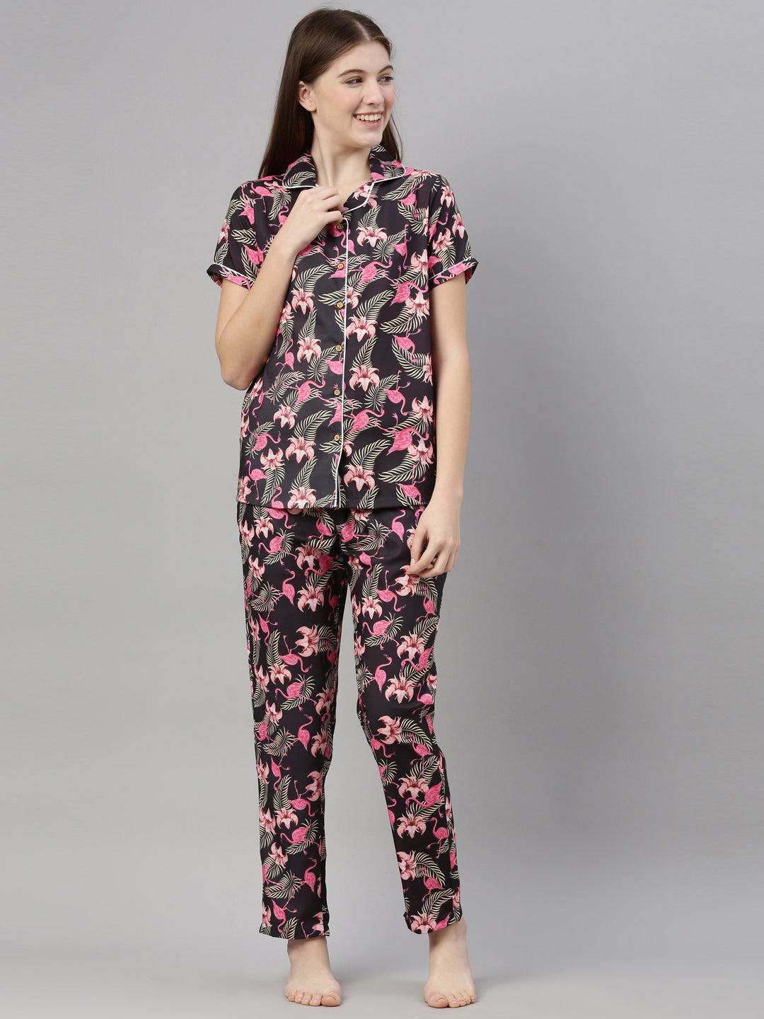 Flamingo Bottle Green Women's Night Suits Women's Night Suit Bushirt   