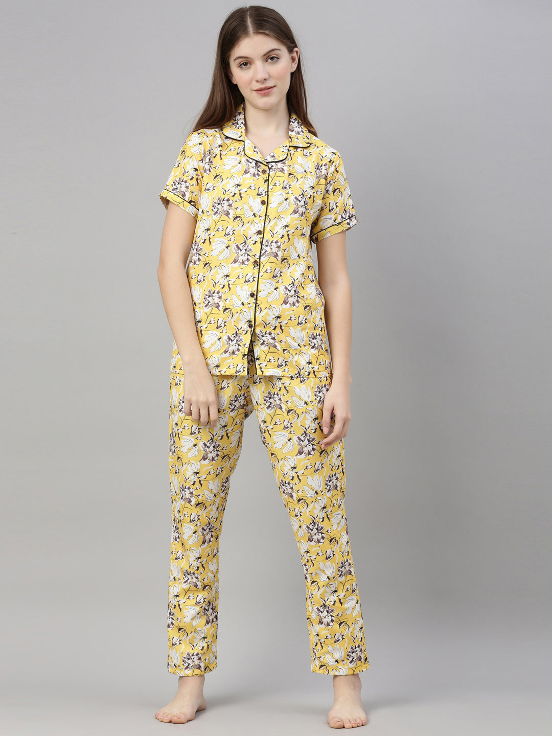 Floral Yellow Women's Night Suits Women's Night Suit Bushirt   
