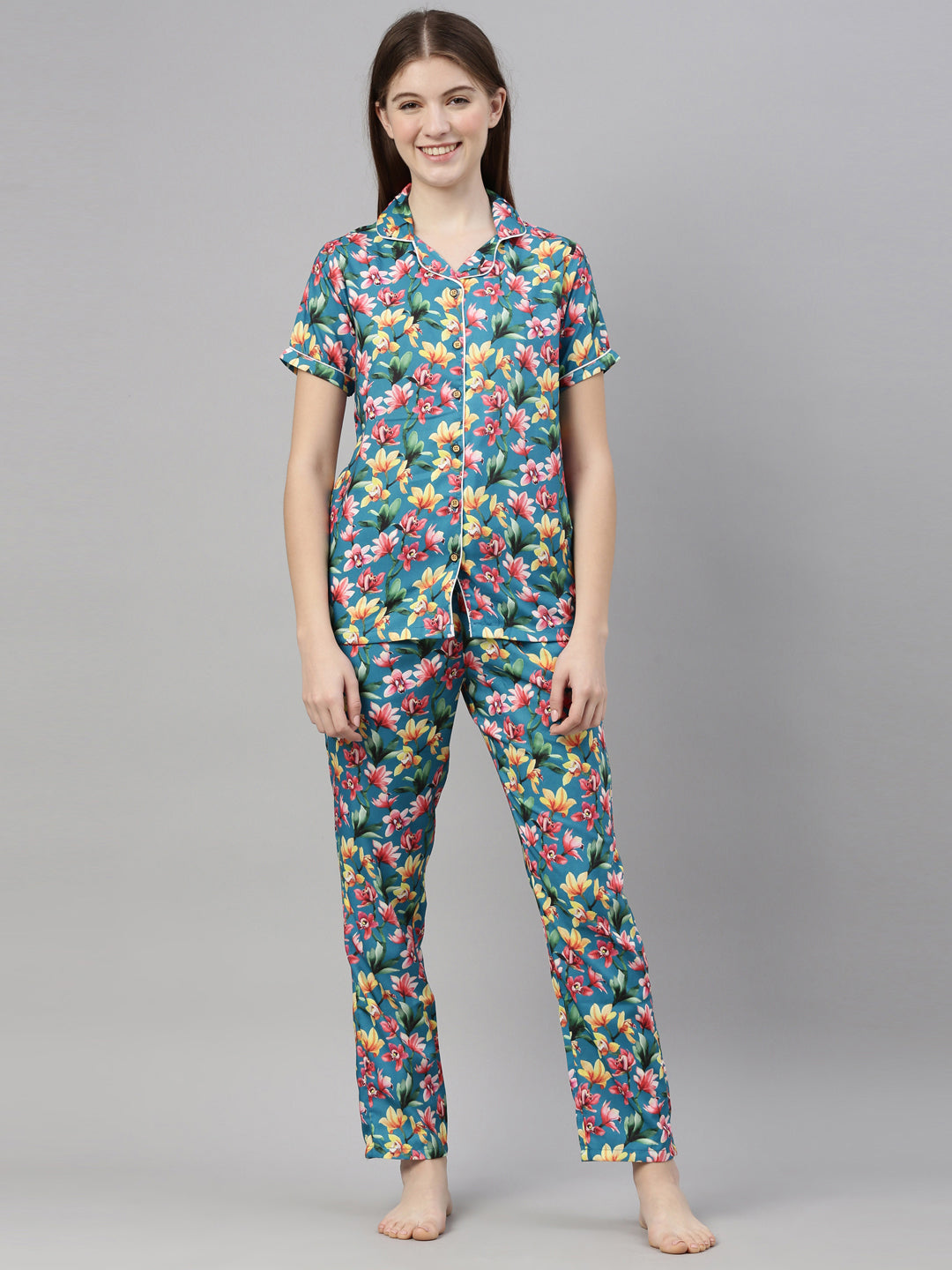 Rose Mallow Teal Blue Women's Night Suits Women's Night Suit Bushirt   