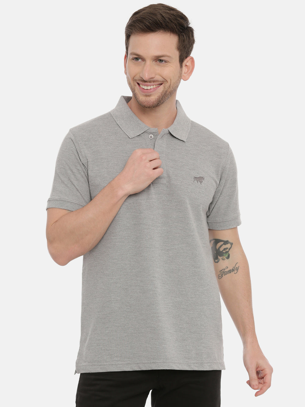 Grey Mélange Polo Neck T-Shirt Polo Tees Bushirt   
