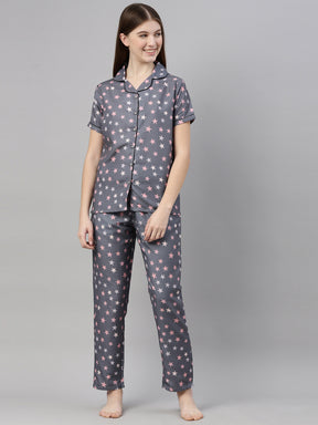 Stars Grey Pink Women's Night Suits Women's Night Suit Bushirt   