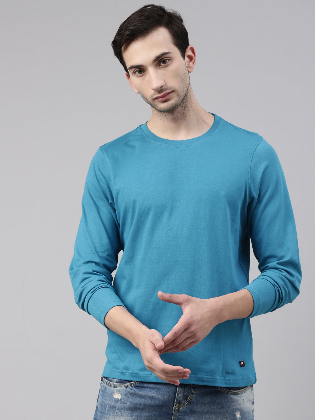 Teal Blue Solid Full Sleeves T-Shirt Full Sleeves Bushirt   
