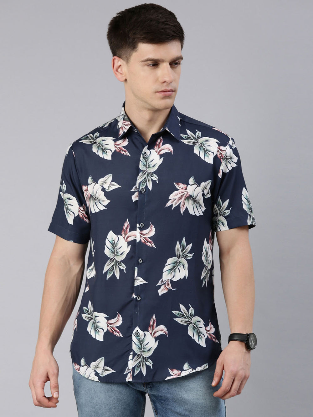 Monster Leaf Navy Blue Shirt Printed Shirt Bushirt   