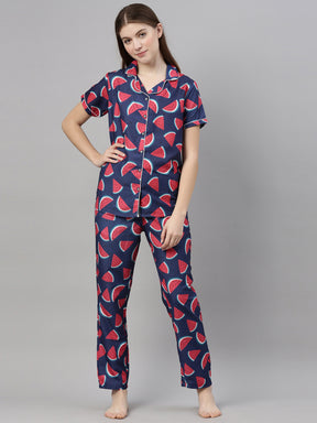 Water Melon Blue Women's Night Suits  Bushirt   