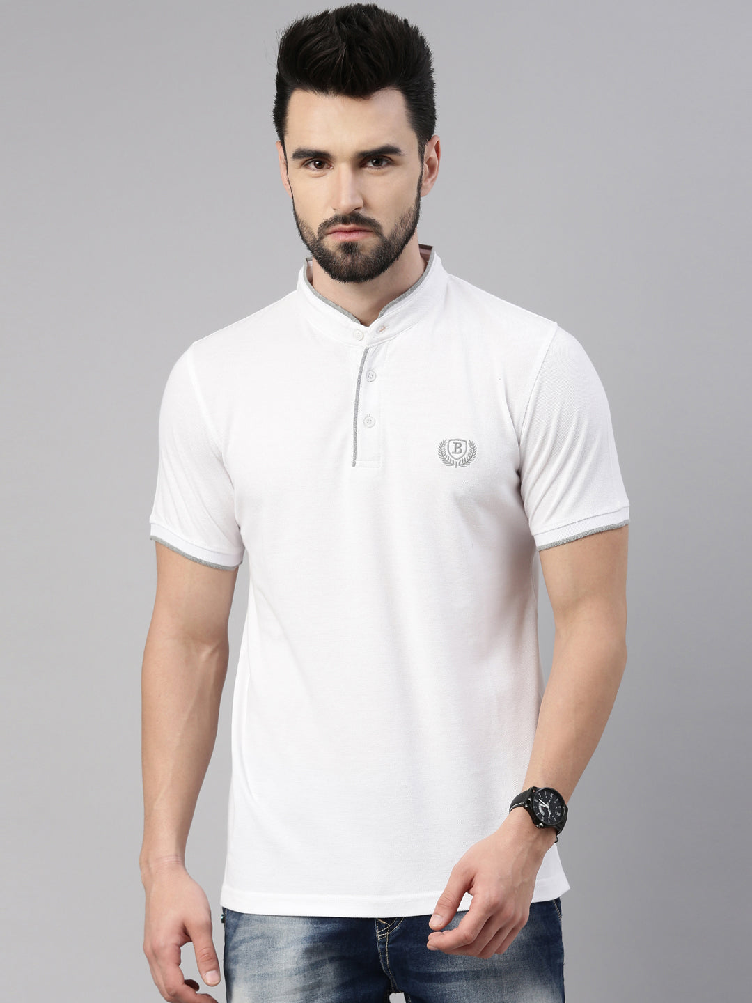 White Chinese Collar polo T-Shirt Polo Tees Bushirt   